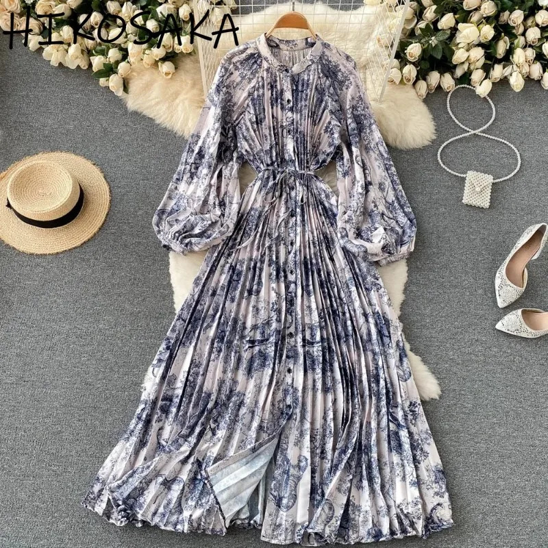 Stand Collar Lantern Sleeve Vintage Print Dress Belt Slim Waist Pleated Single Breasted A-line Robe French Style Elegant Vestido 250326