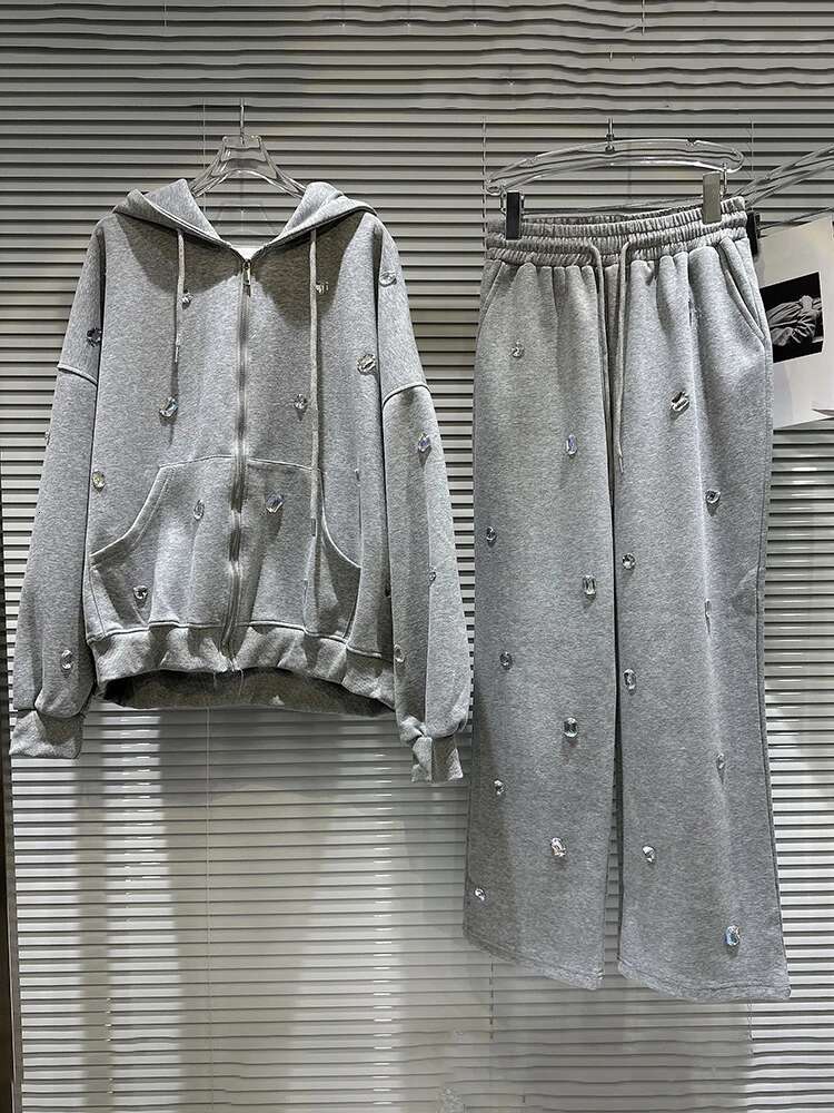 Fashion Knitted Two Piece Set For Women 2023 Autumn New Zipper Dias Beading Hooded Top Wide Leg Pants Female