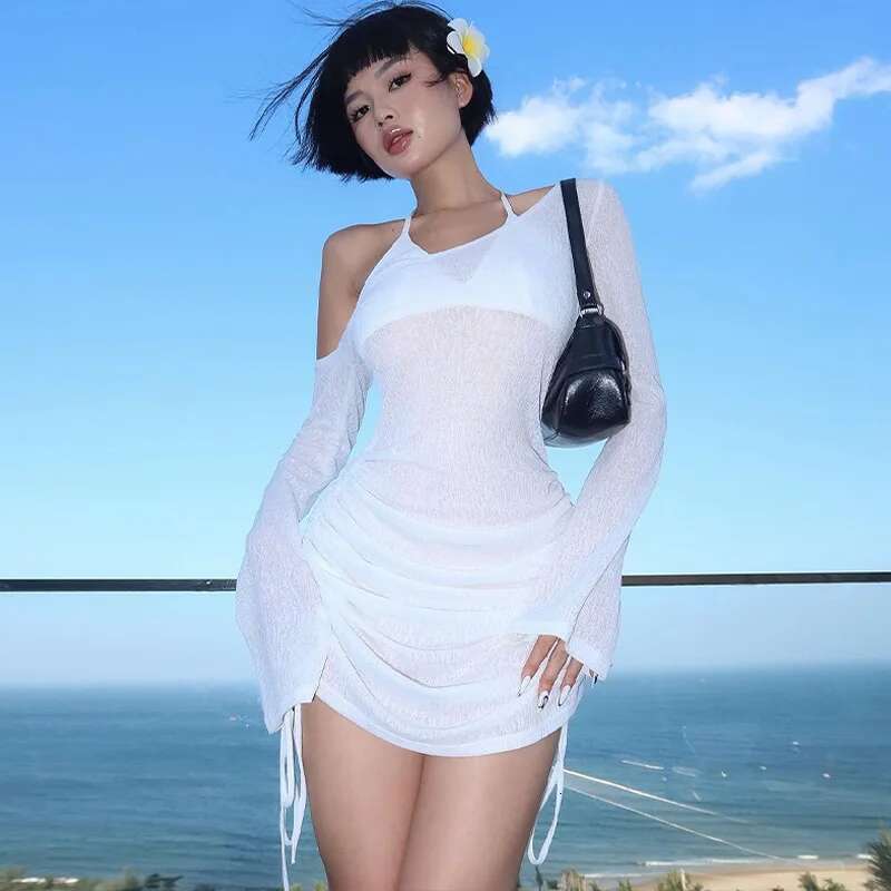 Dongdumaoyi Nieuwe Lente Zomer Sexy Mode Gesmokte Cover Up Pure Asymmetrische Halslijn Strandvrouwenjurk
