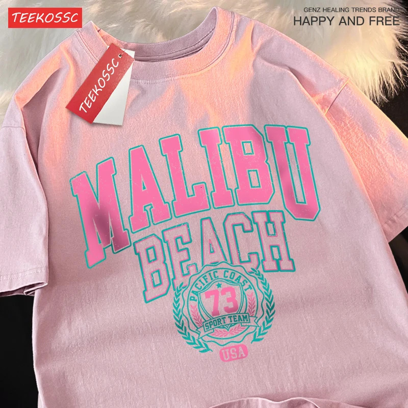 Malibu Beach Simple Letter Printing Mens Fashion Tshirt Cotton Loose Casual Oneck Clothing Oversized Top 250327
