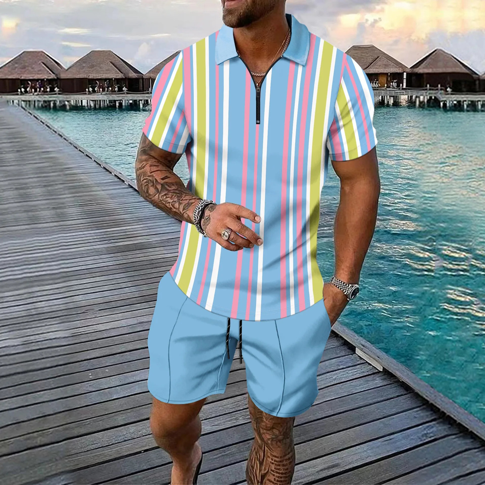 Summer casual short sleeved twopiece sports mens clothing 250327