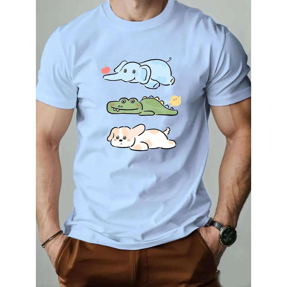 Men s round neck short sleeved T shirt cotton cartoon print casual summer fashion high quality gymnastics