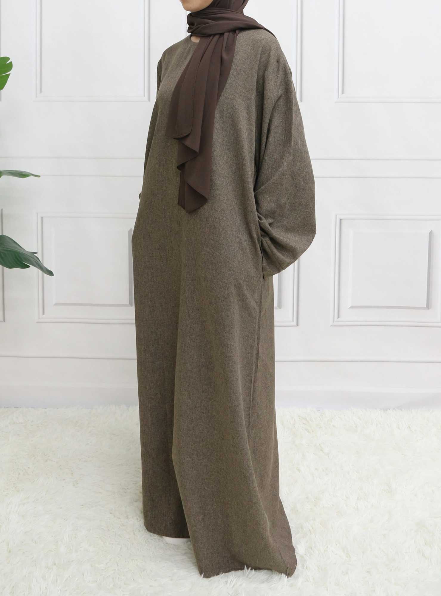 Modest Closed Plain Long Slve Abaya Without Hijab With Belt Basic Islamic Eid Clothes Dress X2505141