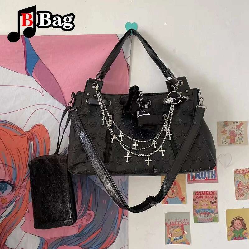 Y2k Women Girls Gothic Skulls Printing Leather Shoulder Bags Totes Female Punk Cross Chain Large Capacity Messenger Bag Handbag