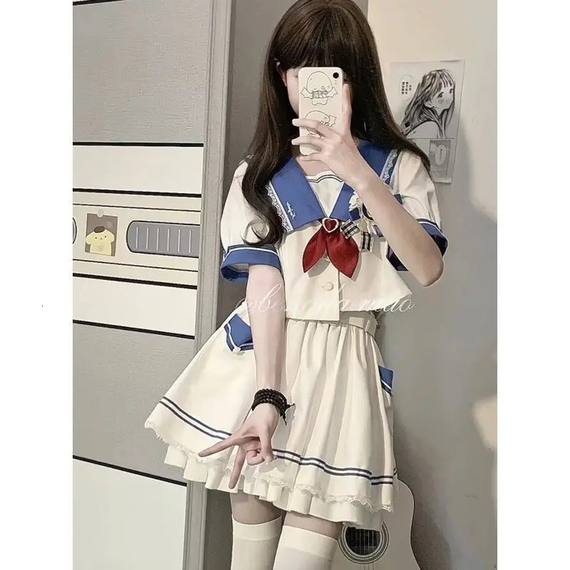 JK Uniform Plus Size S8xl Girl Sailor Shirt Patch Work Ruffle Leather Two Piece Set Womens Wholesale 250326