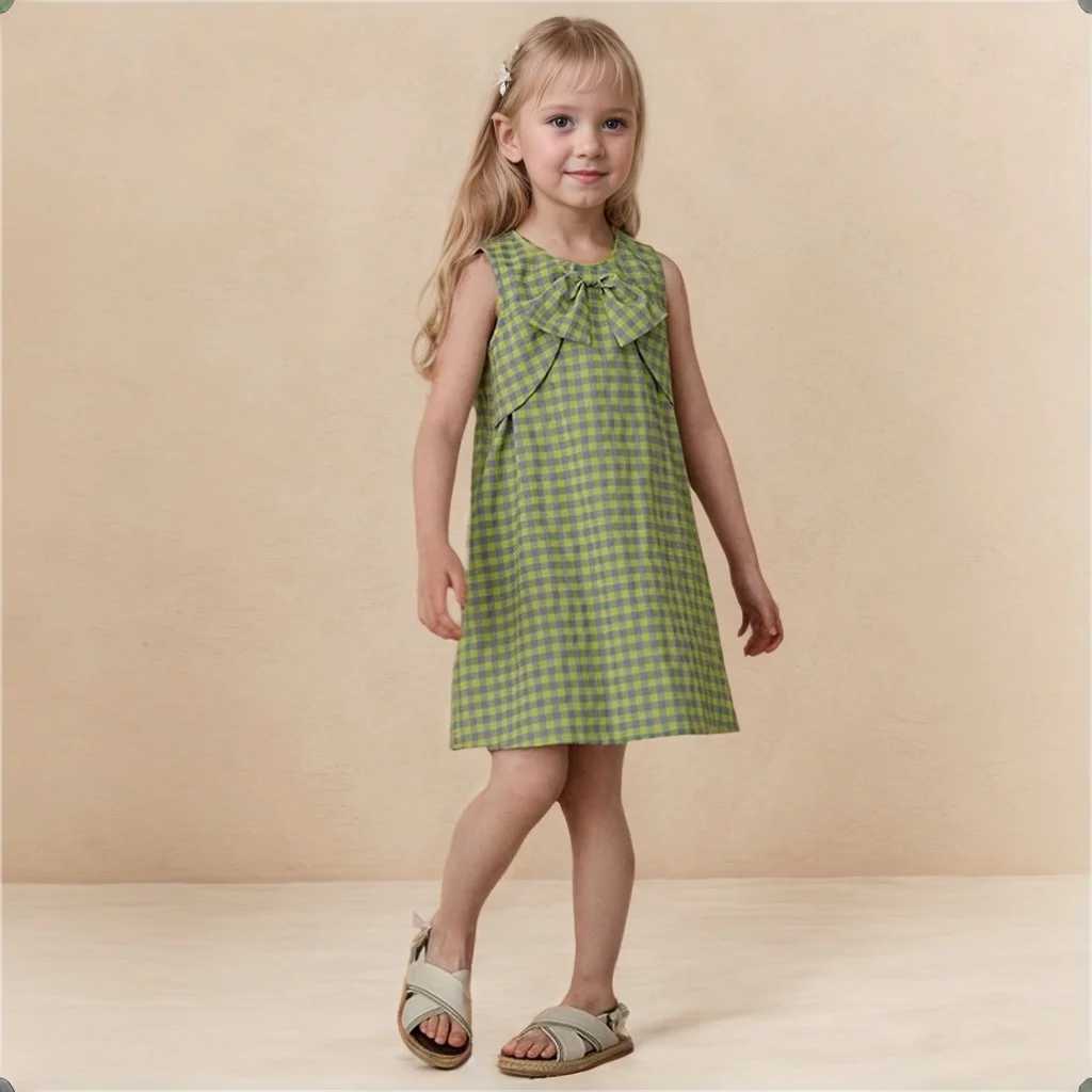 Summer Kids Babys Big Girls Dress Cotton Bow Sleeveless Plaid Toddler Girl Princess Dress Vacation Little Girl Vest Dress W250326