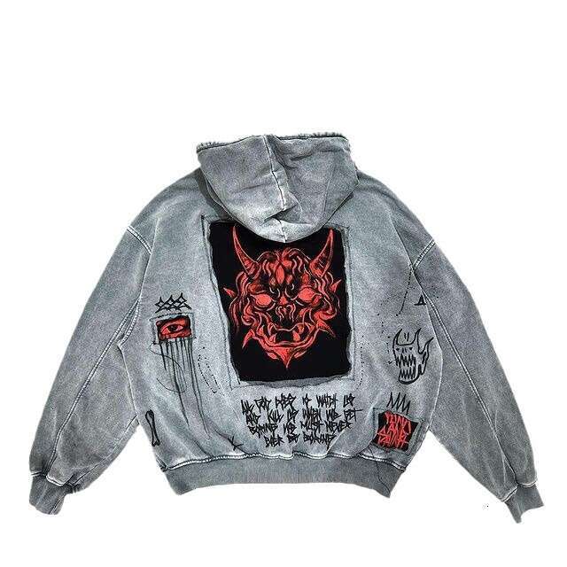 American street Y2K unisex devil print patch loose hooded sweatshirt gift for man