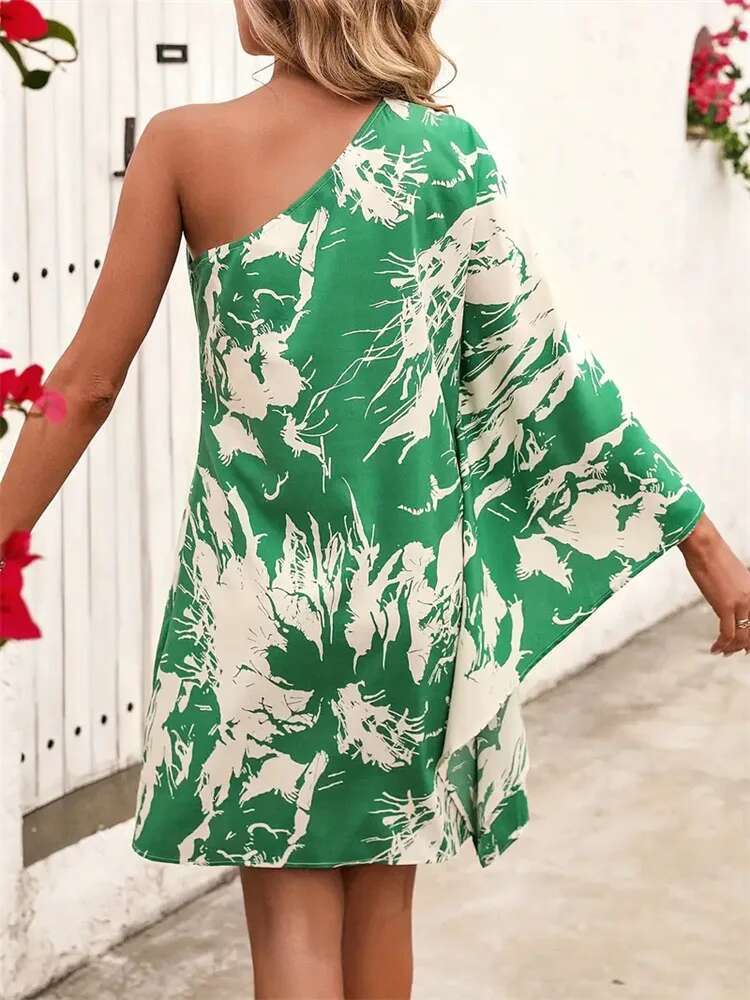 Dongdumaoyi Nieuwe Collectie Onregelmatige Halslijn Flare Mouw Print Korte Jurk Lente Zomer DAMES Stijl C