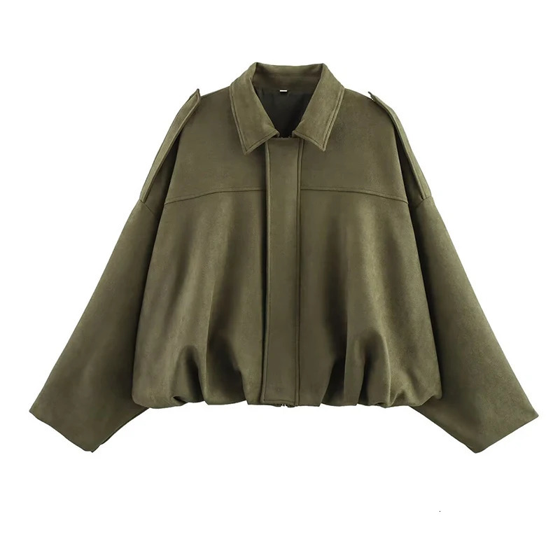 Green suede jacket womens lapel zipper long sleeved pocket bomb springsummer loose motorcycle 250326