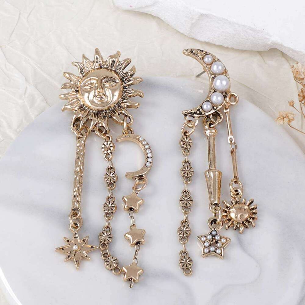 Bold Celestial Earrings Trendy Geometric Sun Moon Star Dangle Earrings with Fringe for Women