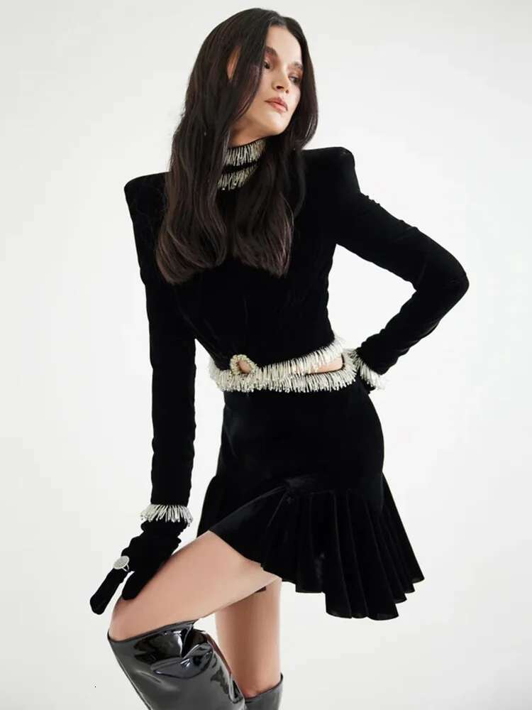 HIGH STREET 2025 Newest Fashion Designer Dresses Women's Long Sleeve Beaded Veet Hollow Out Dress