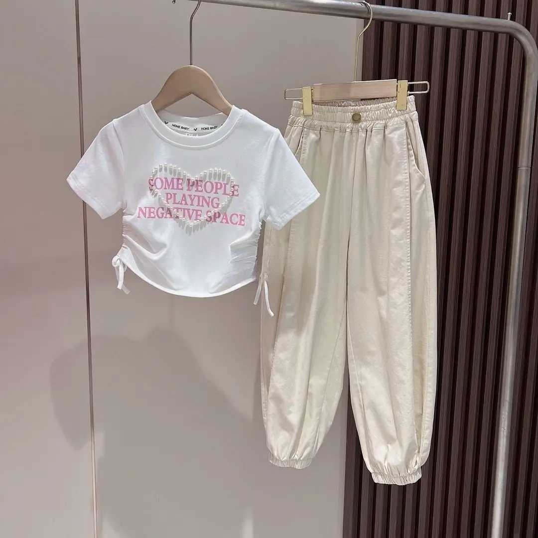 Teenage Girl Clothing Set 2023 Summer New Girl Baby Short sleeved T-shirt Pants Two piece SetT250327