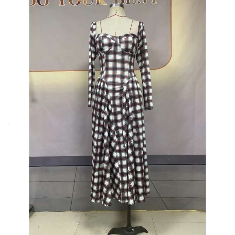 Dongdumaoyi Lente Herfst Nieuwe U Hals Geruite Lange Mouwen Slim Fit Vintage Mode Damesjurk Met Riem