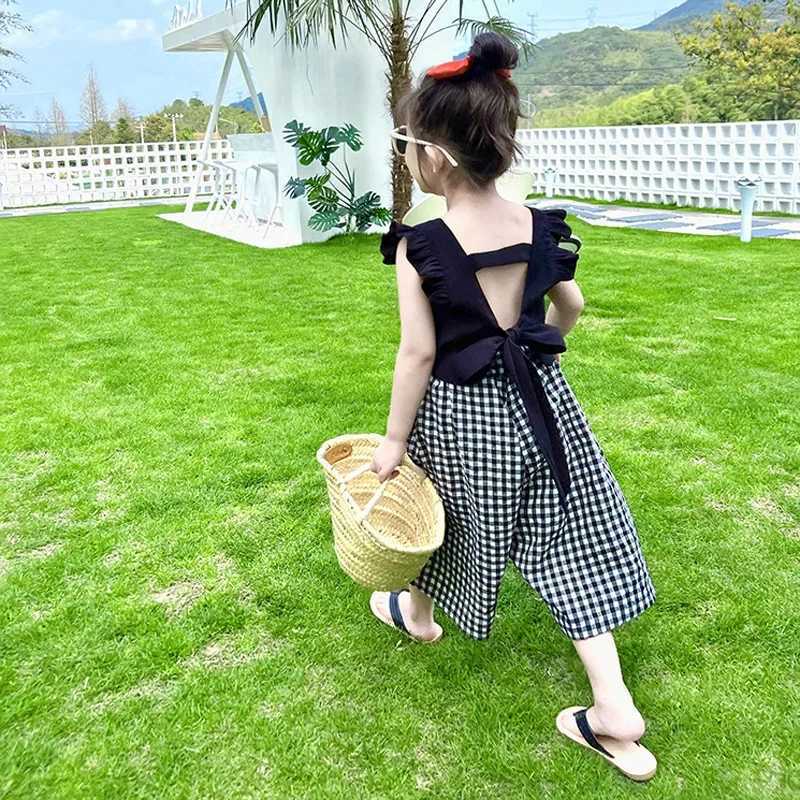 Summer Chills Girls Clothing Sets 2024 New Camisole Top Plus Plaid Wide Leg Pants 2PCS Fashion Baby Clothing SetT250327