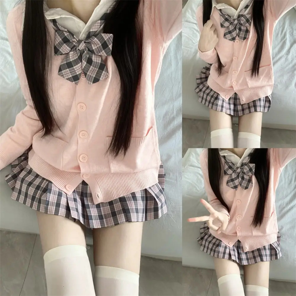 3Pc set Japanese Korean school uniform multicolor sweater and flat pleated dress Jk with bow graduate female 250326