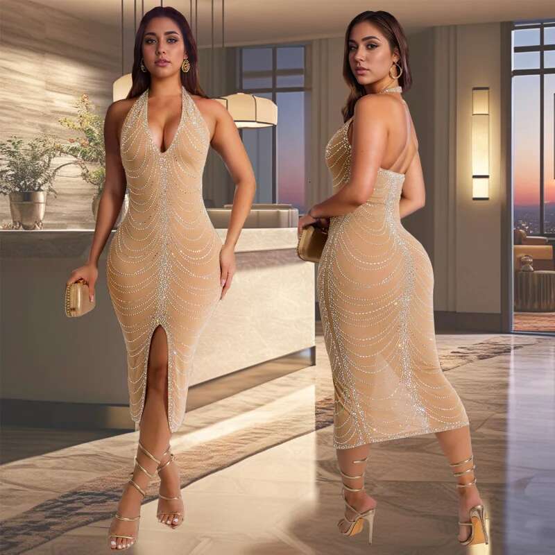 Dongdumaoyi Mode Dames Strass Slim Fit Sexy Bodycon Lange Jurk C