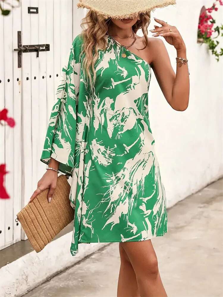Dongdumaoyi Nieuwe Collectie Onregelmatige Halslijn Flare Mouw Print Korte Jurk Lente Zomer DAMES Stijl C