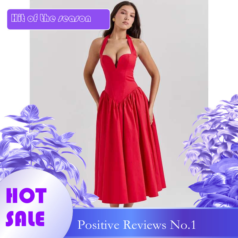 Dongdumaoyi Vrouwen Lente Hoogwaardige Sexy Deepvhalter Backless Rode Mid Lange Rok Vrouwen Jurk C