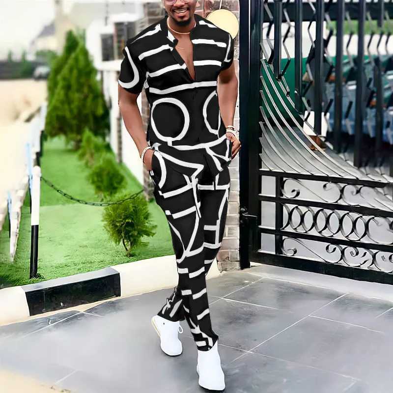 Summer mens fashion trend printed casual shirt V-neck short sleeved mens comfortable slim fit high-quality two-piece setXJ250326