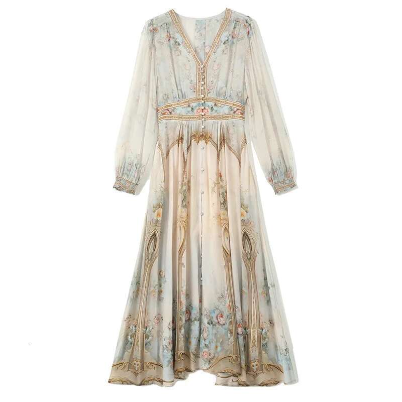 Dongdumaoyi Luxe High End Moerbeizijde Op Maat Bedrukte Lange Mouw Slanke Fitv Kraag Jurk Lente C