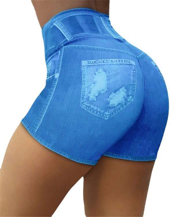 Women Yoga Pants Summer Fashion Slimming Imitation Denim Ripped Elastic Leggings Women S Shorts Cycling Pants YJ