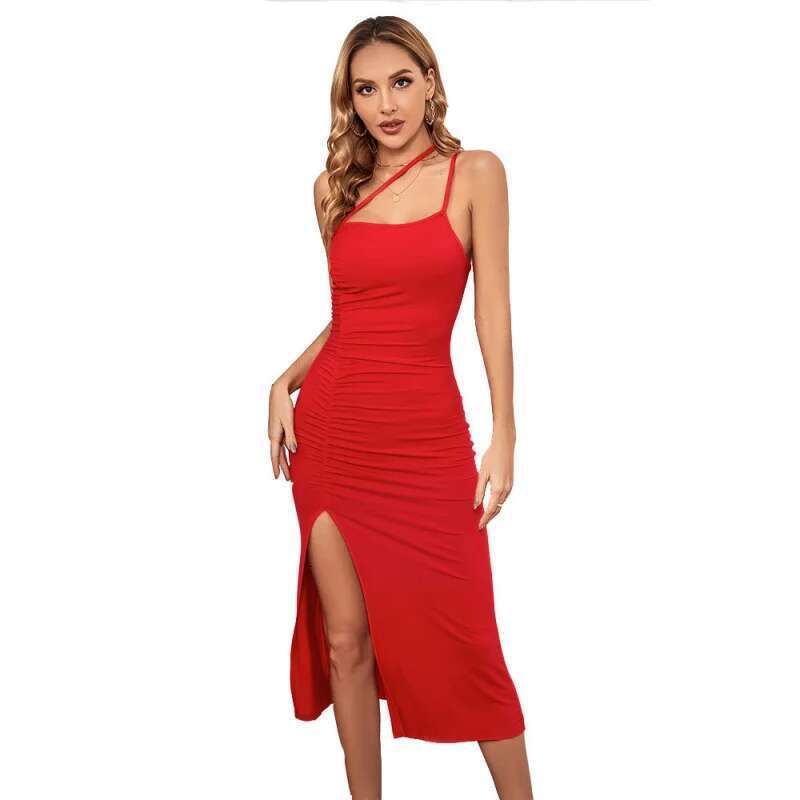 Dongdumaoyi Zomer Nieuwe Vrouwen Sling Kraag Slim Fit Backless Sexy Split Jurk C
