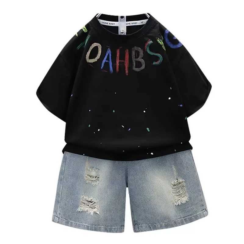 Personalized color letter short sleeved T-shirt+jeans short sleeved 2-piece summer set brand new 2024 boutique baby and boy sportswearT250327