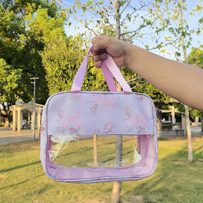 Pink Bow Makeup Bag Nylon Waterproof Large Capacity Travel Dry Wet Separation Double Zipper Storage 250326