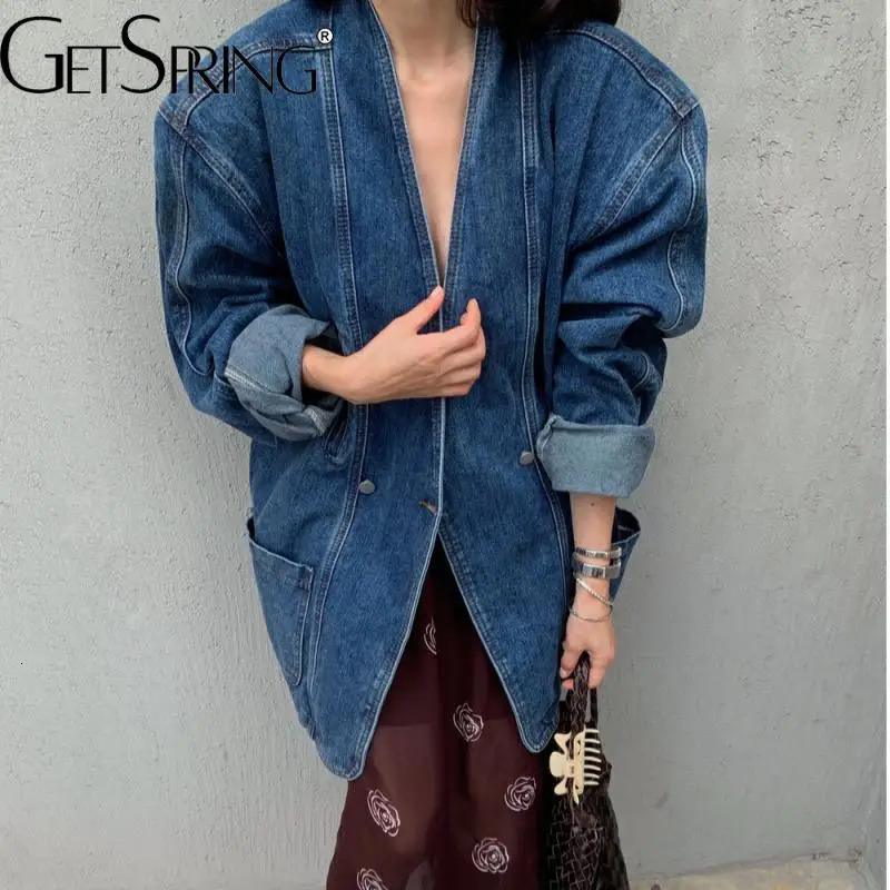 Get Spring Womens Denim Jacket SpringSummer Retro Double Chest Shoulder Pads Vneck Loose Casual Long Blue 250326
