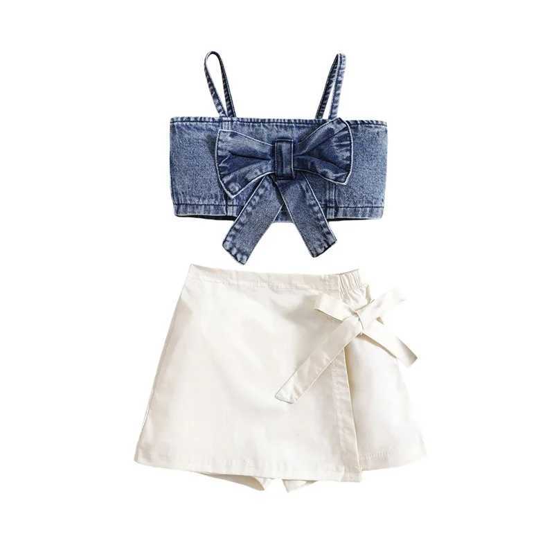 Pudcoco Childrens Baby Girls Summer 2-piece Solid Sleeveless Bow Denim Tank Top and Elastic Casual Ski Shorts Set 1-6TT250327