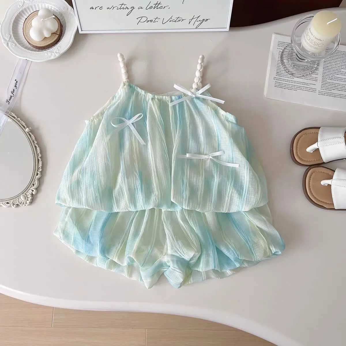 Korean Summer Childrens Baby Girls 2PCS Clothing Set Bow Comparison Slide Top Soft Thin Fluffy Shorts Preschool Girls SetT250327