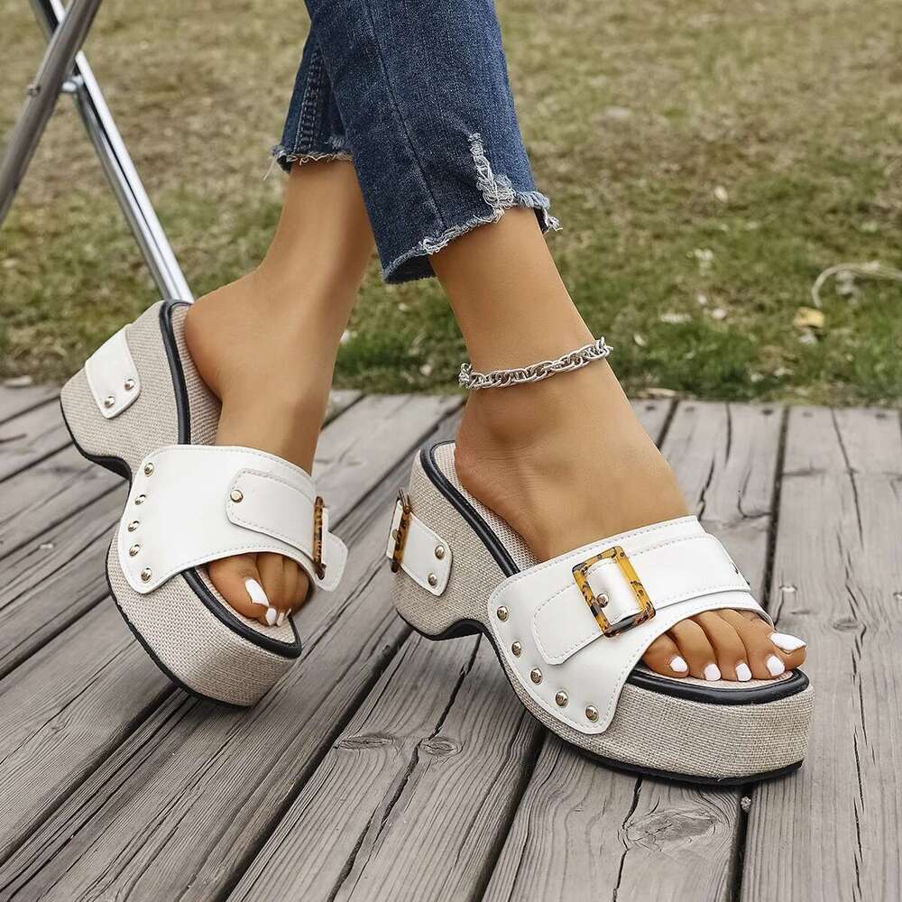 British Style Rome Comfy Soft High Heels Shoes for Women Summer Metal Buckle Casual Wedge Platform Sandals