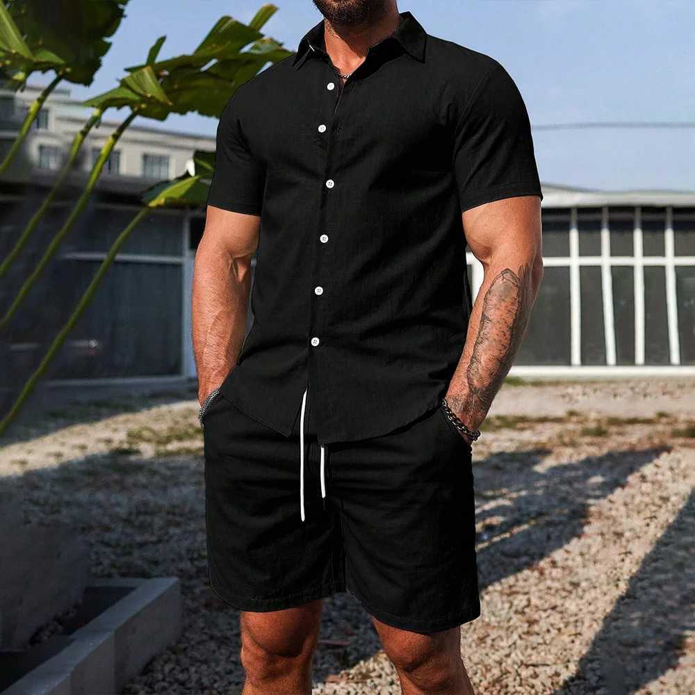 Mens solid color 2-piece button up shirt and brushed waist shorts set for outdoor casual mens short sleeved shirtXJ250326