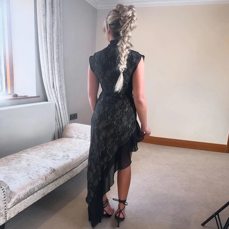 Sexy Solid Ruffle Maxi Dress 2025 Summer Sleeveless Lace See Through High Stretch Midnight Club Asymmetric Sewing Sundress 250324