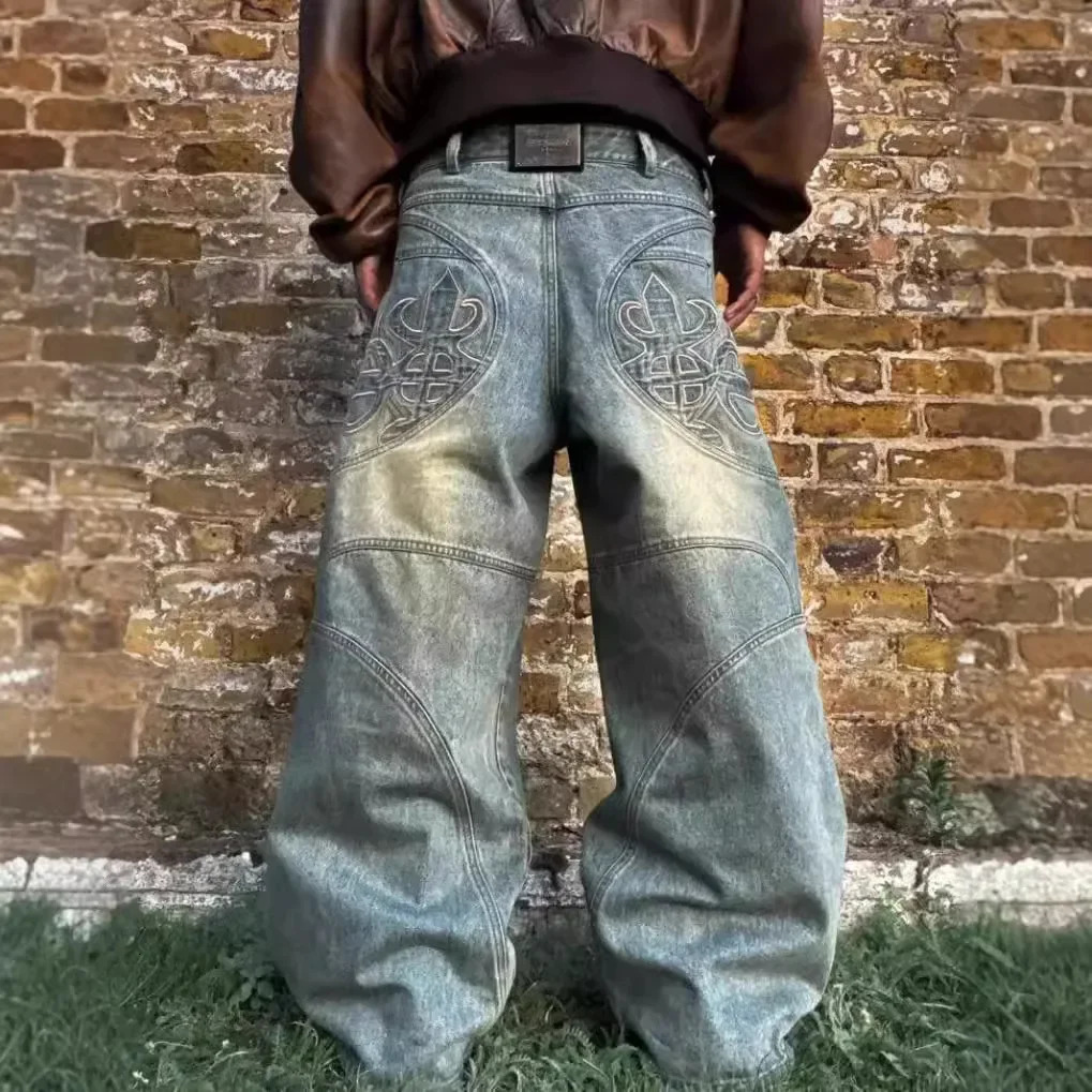 Vintage Y2K Straight-Leg Denim Pants Mens Casual Bell Bottoms Loose Fit Cross-Border Washing Black Jeans For Streetwear 250317