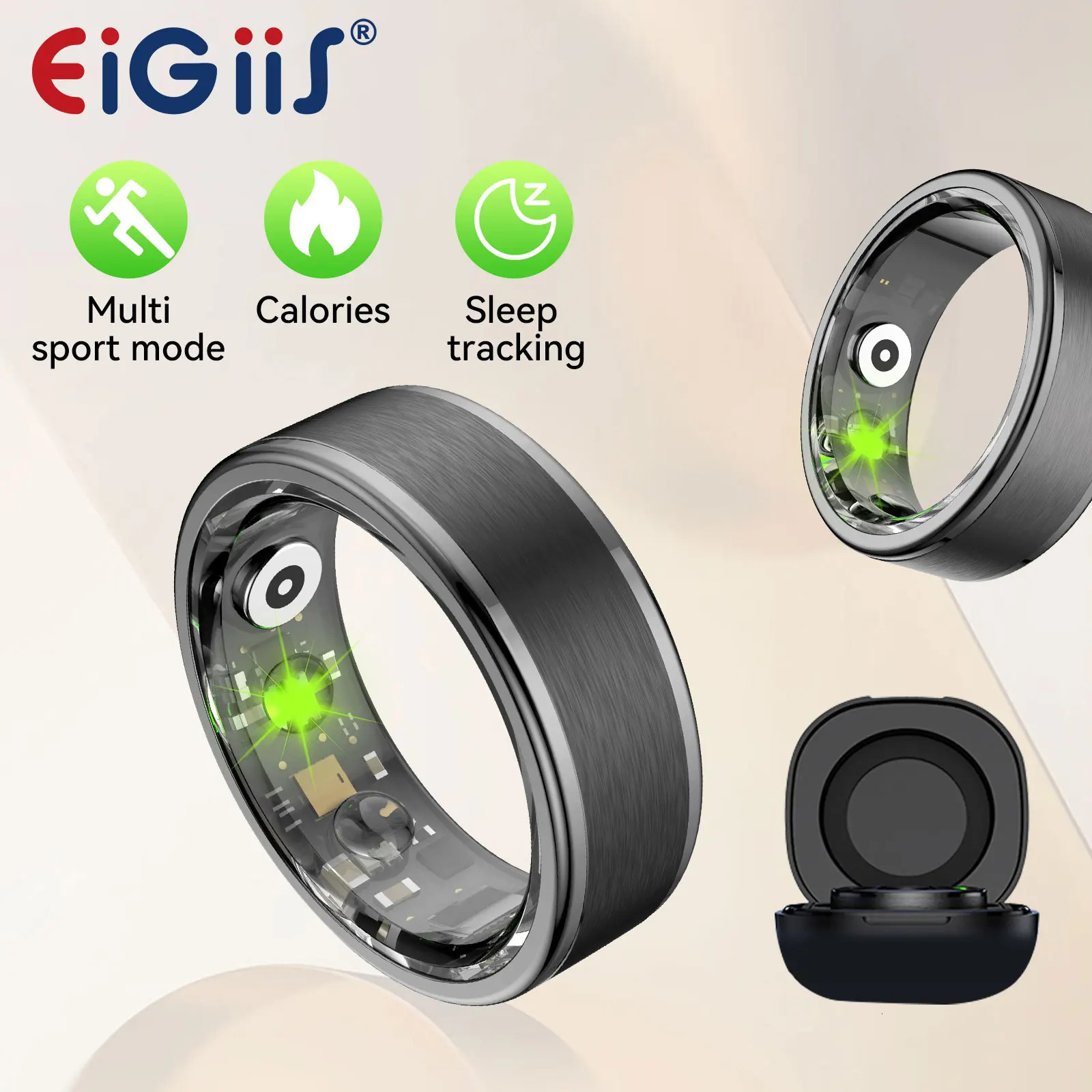 EIGIIS Smart Ring Blood Oxygen Heart Rate Monitor IP68 Waterproof Bluetooth-Compatible5.0 for Men Women for Android IOS 250322