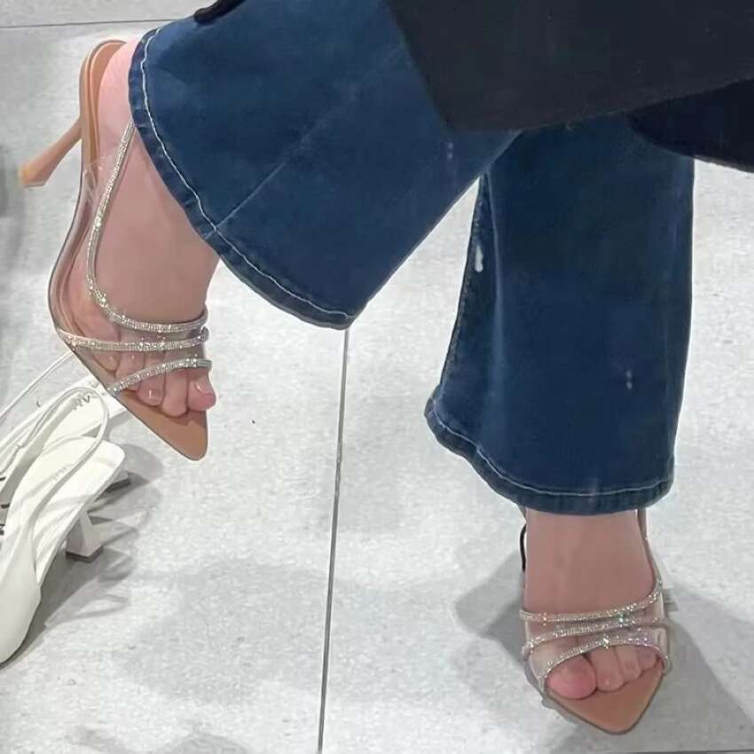 2023 Women Summer Rhie Sgback Pumps Office Lady Transparent Heeled Sandals Elegant Pointed Toe y High Heels