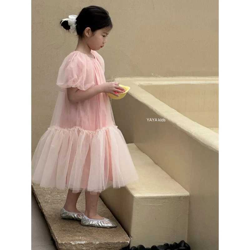 Childrens Dress 2025 Summer Short Sleeve Gauze Pink Kids Girls Princess Dress Bubble Sleeves Fluffy Girls Birthday Dress W250326