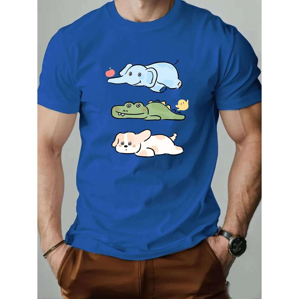 Men s round neck short sleeved T shirt cotton cartoon print casual summer fashion high quality gymnastics