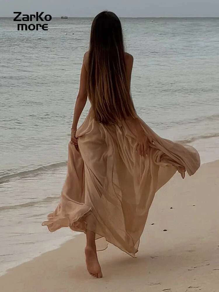 Sexy Halter Pleated Long Dress Women Backless Sleeveless Hollow Out A-E Party Beach Dresses 2025 Summer Lady Draped Robes