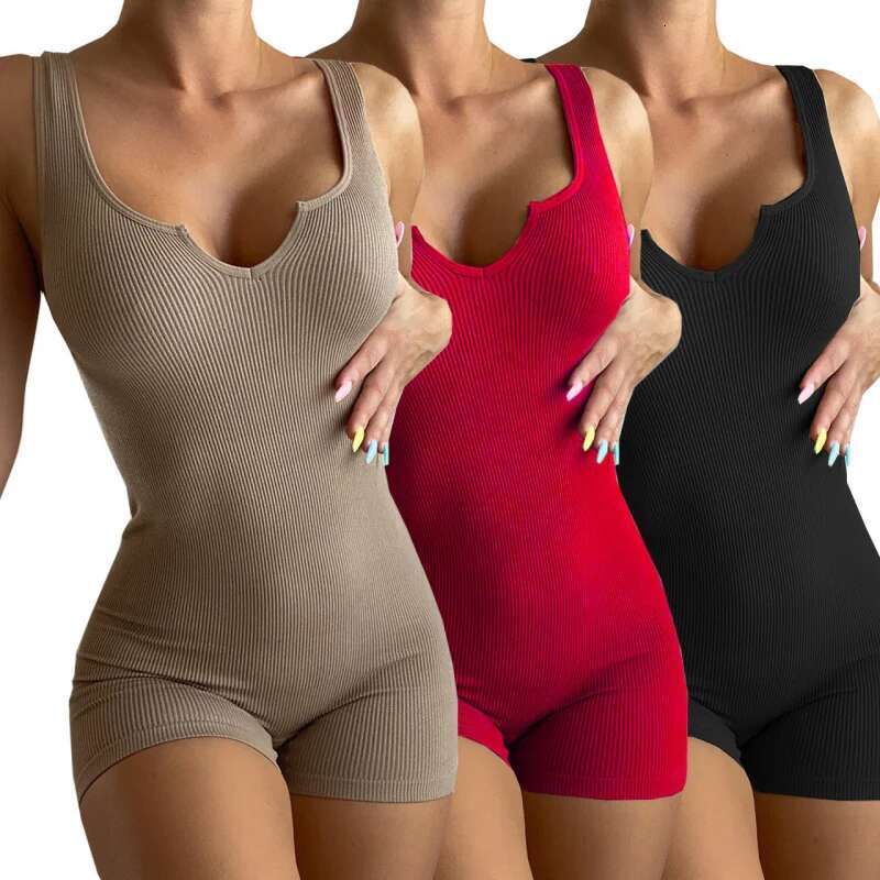 Dongdumaoyi Dames Nieuwe Lente Zomer Effen Kleur Geribbelde Kleine V Hals Slim Fit Casual Jumpsuit