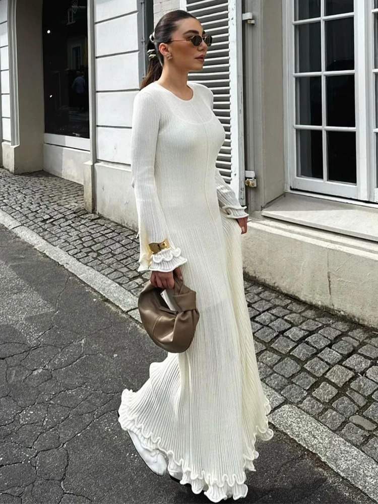 Womens elegant pleated hem knitted white long skirt O-neck sparkling long sleeved strapless dress evening dress 250322