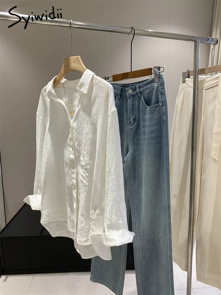 Syiwidii Blue Womens Linen Shirt Long Sleeve Elegant White Oversize Blouse Vintage Spring Basic Top Collar Cotton Linen Shirts 250326