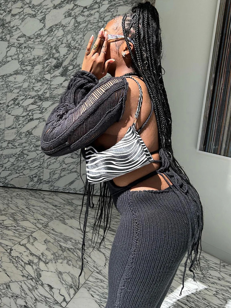 Weird Puss Bandage Knitted Strap HoodieGloves Womens Elastic Sexy Club Backless Hollow Tight Street Stacking Exercise Top 250326