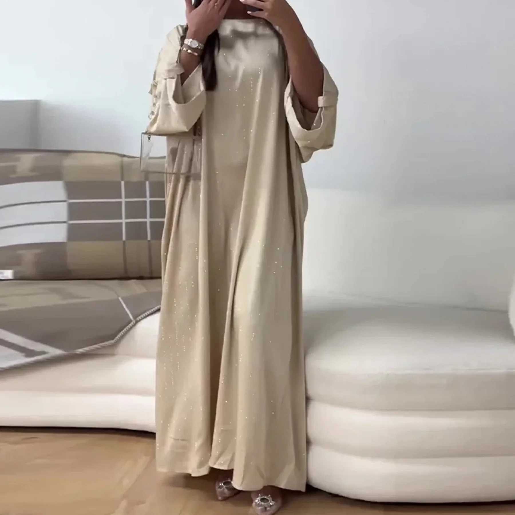 Muslim Long Slved Abaya Ladies Shiny Dress Kaftan Fashion Striped Dress Arab Women Loose Burqa Dubai Party Gown X250514