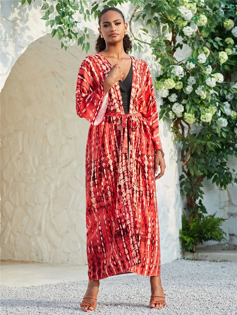 Womens long kimono swimsuit fashionable tie dye open seaside 250326