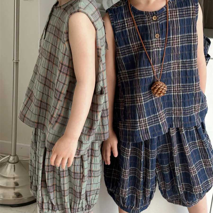 22321 Baby Short sleeved Dress 2024 Summer New Cotton Linen Boys Set Tank Top Pants Two Piece SetT250327