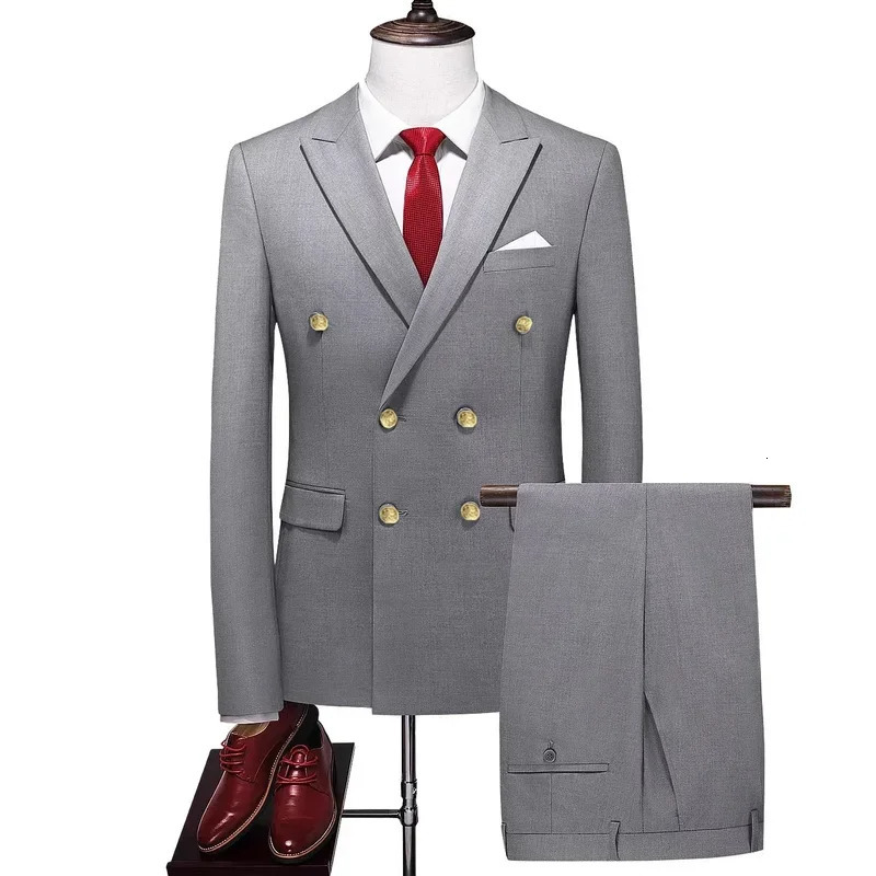 2piece fashion mens business double chest solid color set jacketmens ultrathin wedding jacket pants Trouser 250326