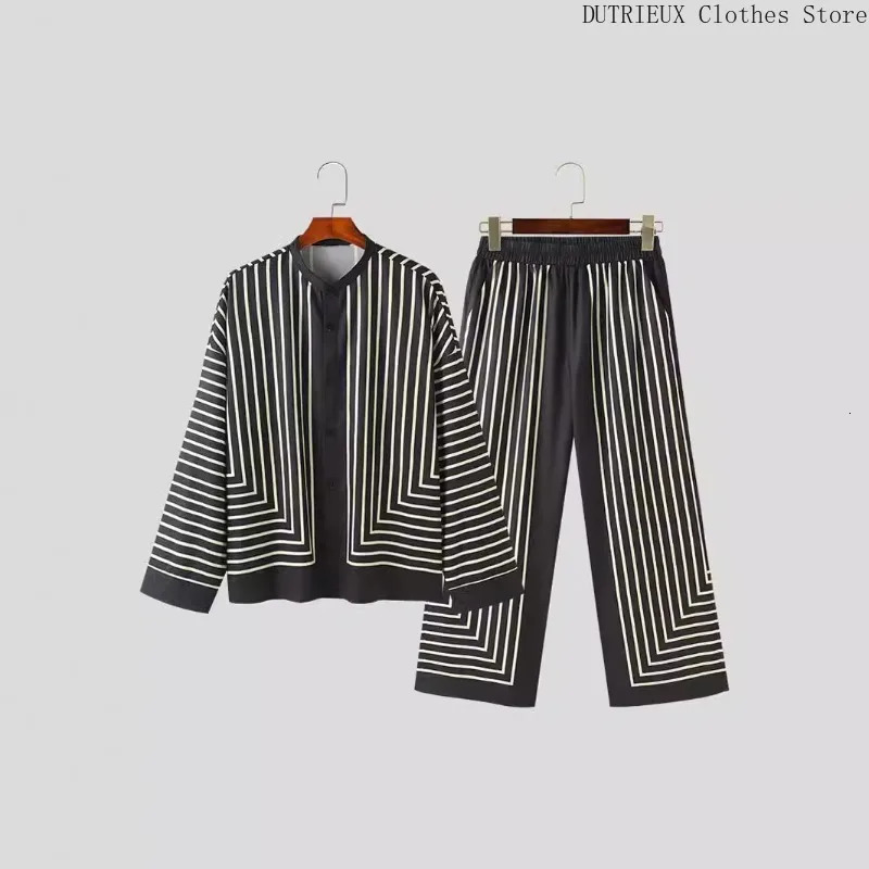 Street Fashion Retro Black Stripe Mens Set AutumnWinter Business Casual Relaxation Comfortable Trouser 250326