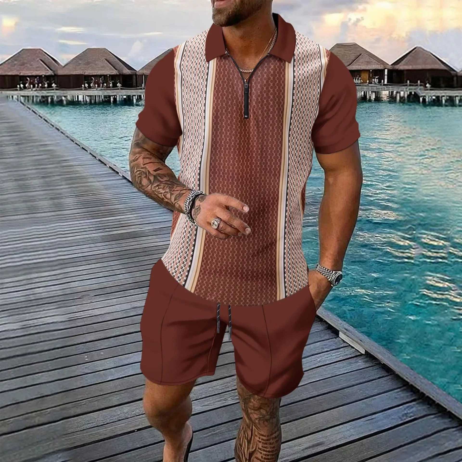 New mens striped casual short sleeved two-piece set for summer 2025 sports and casual mens sportswear two-piece setXJ250326